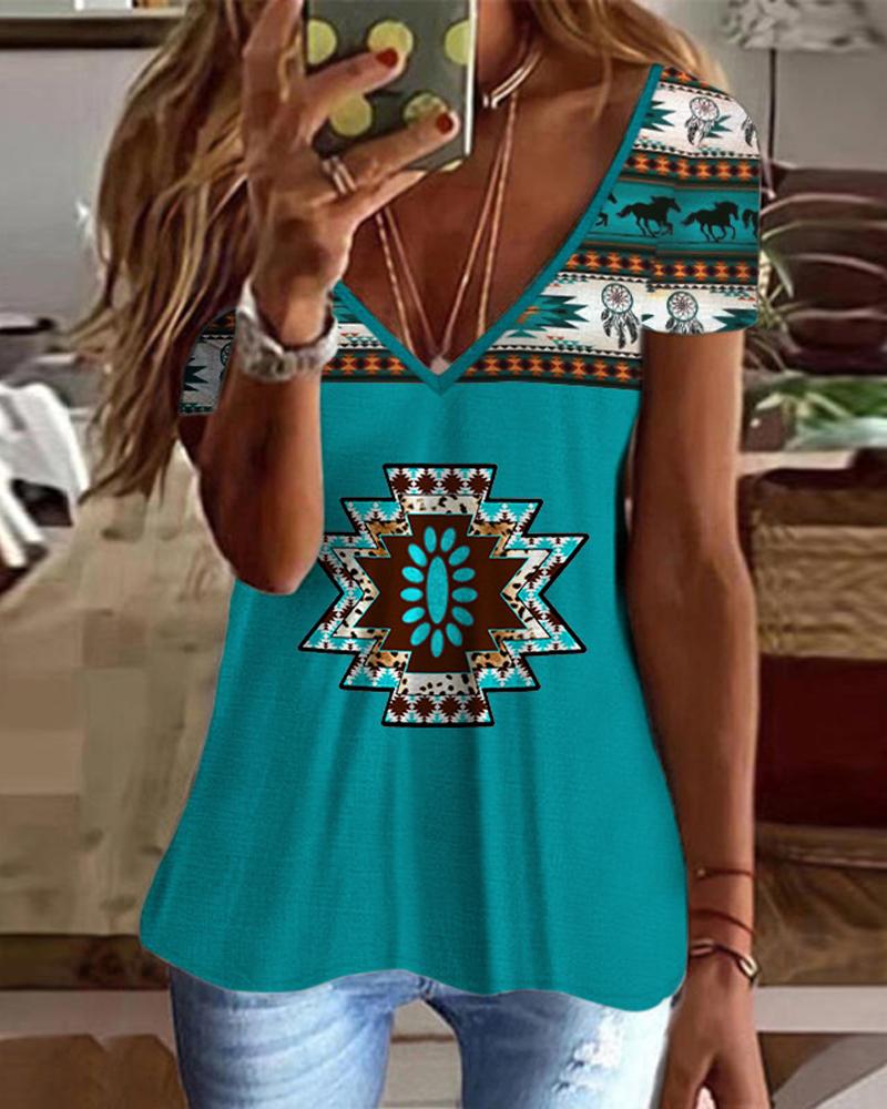 

Tribal Print Short Sleeve Casual T-shirt, Green