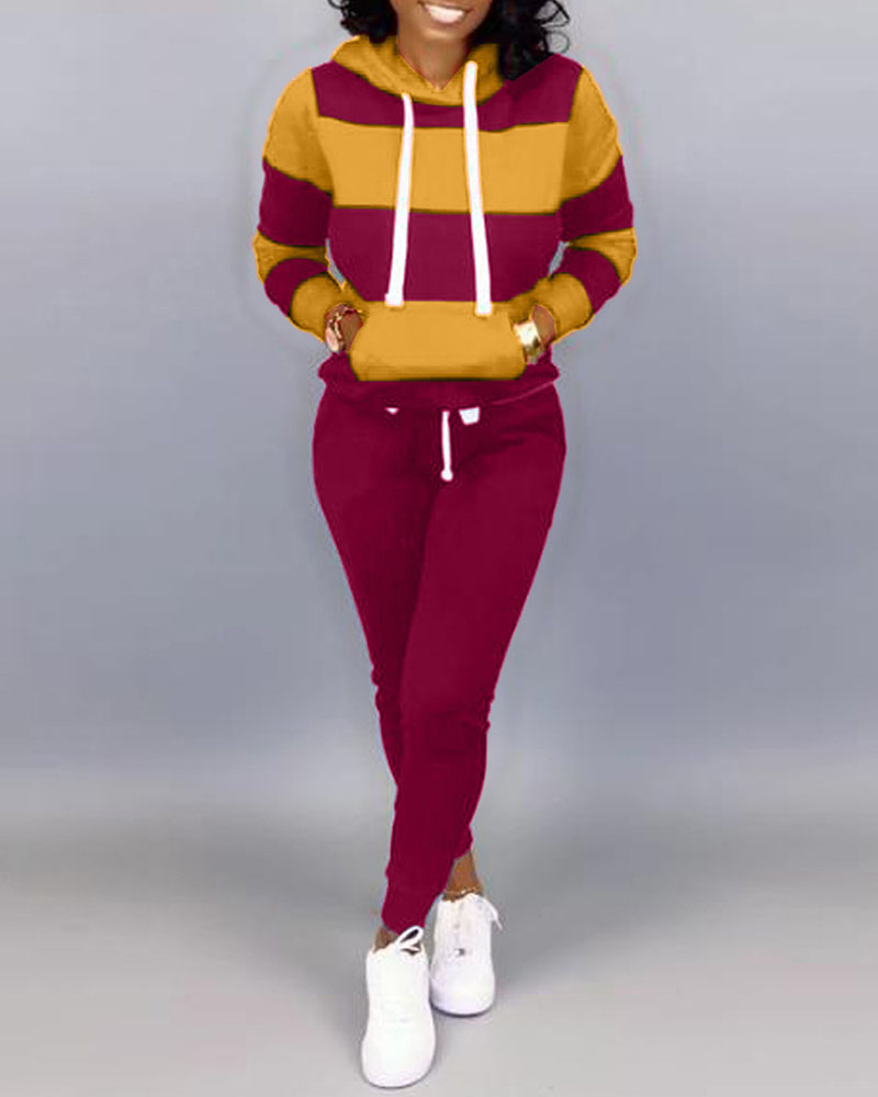 

Plus Size Colorblock Pocket Design Hoodie & Drawstring Pants Set, Yellow