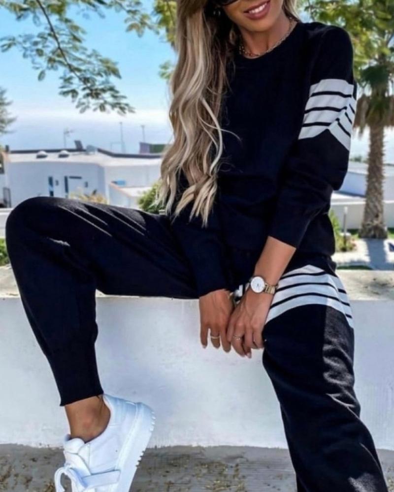 

Long Sleeve Striped Print Top & Drawstring Pants Set, Black