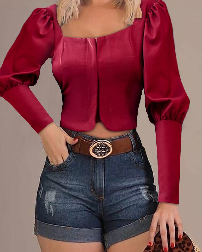 

Solid Bishop Sleeve Skinny Blouse, Wine red