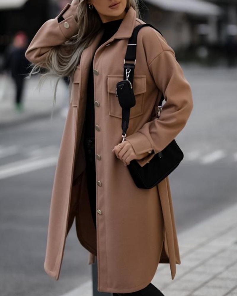 

Long Sleeve Button Down Belted Coat, Khaki