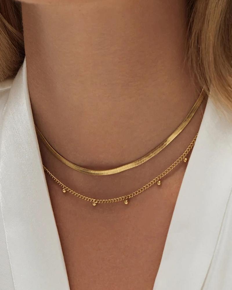 

1pcs Double Layered Herringbone Beaded Chain Necklace, Gold