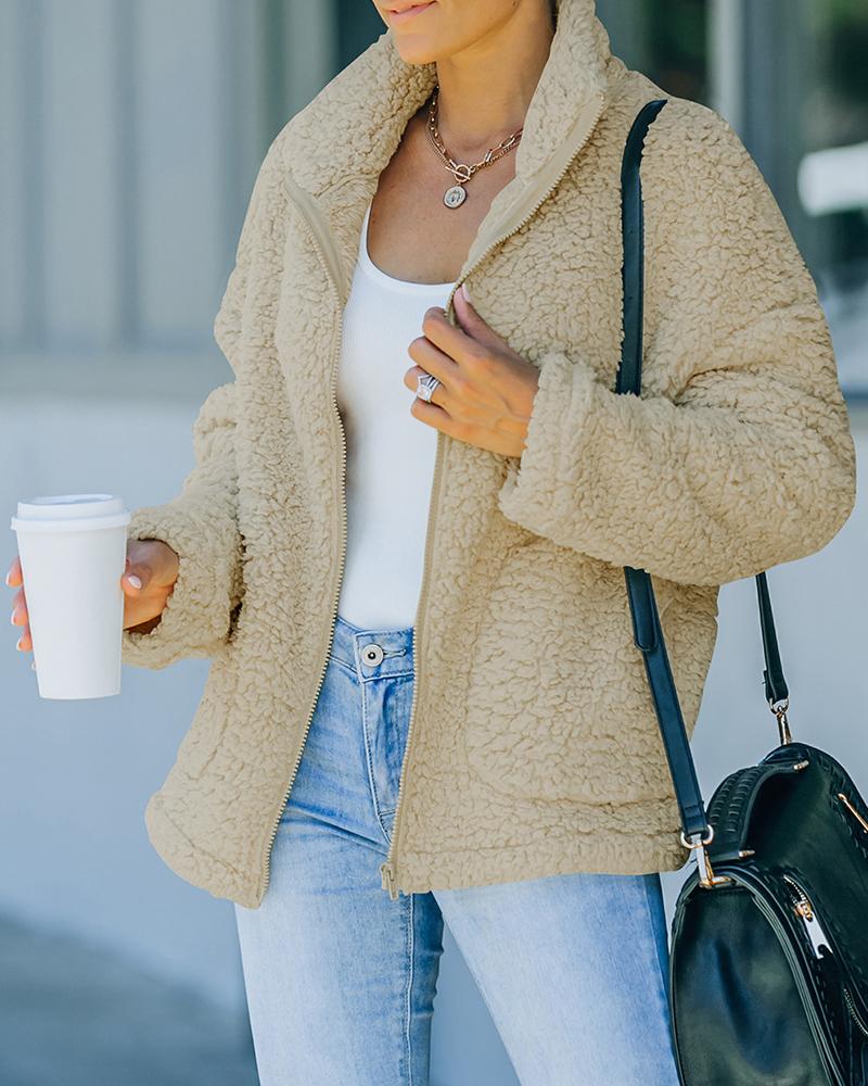

Long Sleeve Pocket Zipper Design Teddy Coat, Apricot