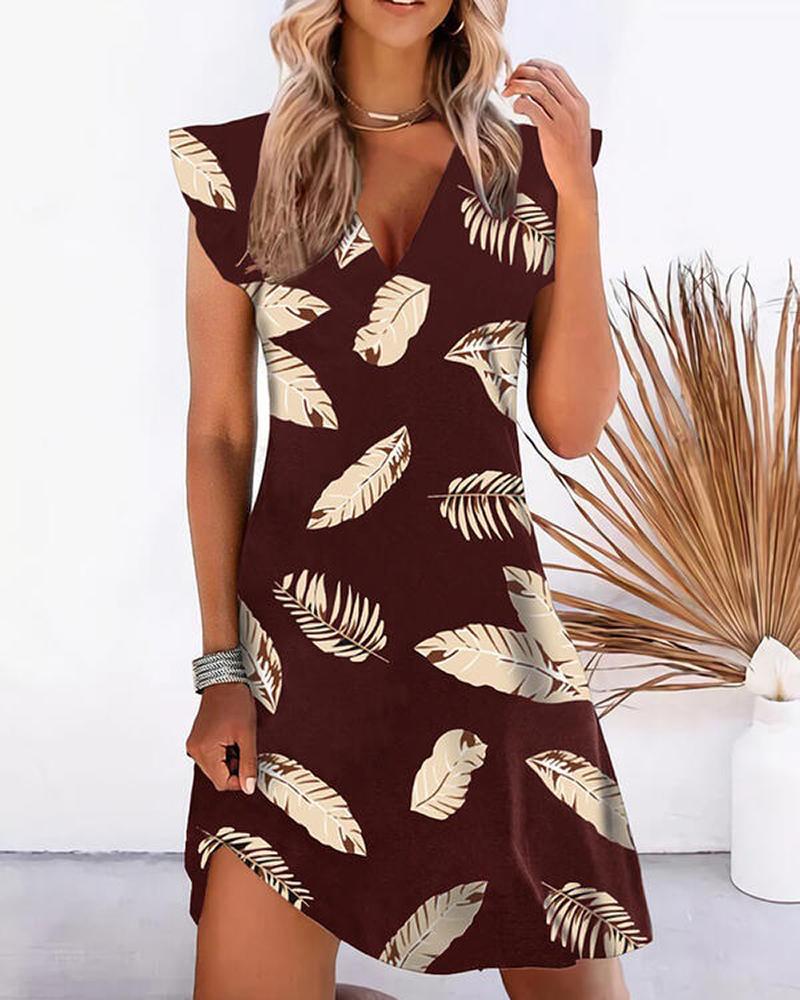 

Feather Print V-Neck Ruffle Hem Dress, Wine red