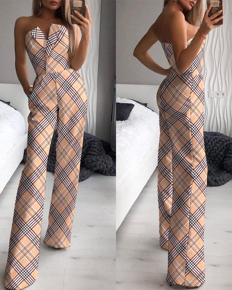 

Plaid Print Straight Leg Tube Jumpsuit, Apricot