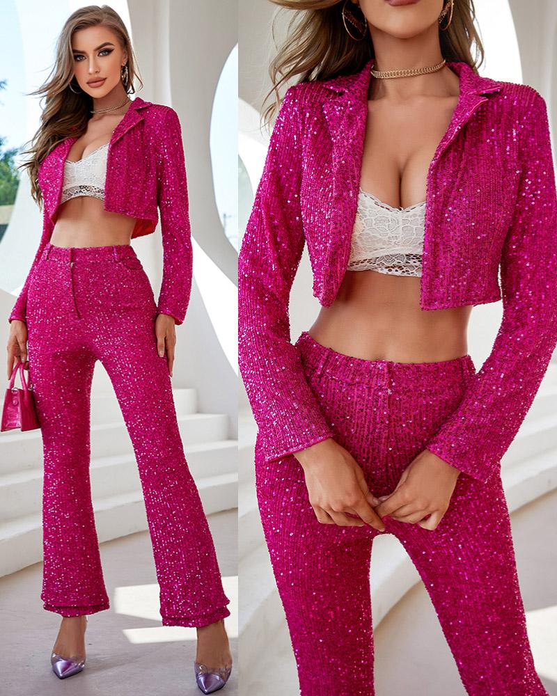 

Long Sleeve Notched Collar Sequin Coat, Hot pink