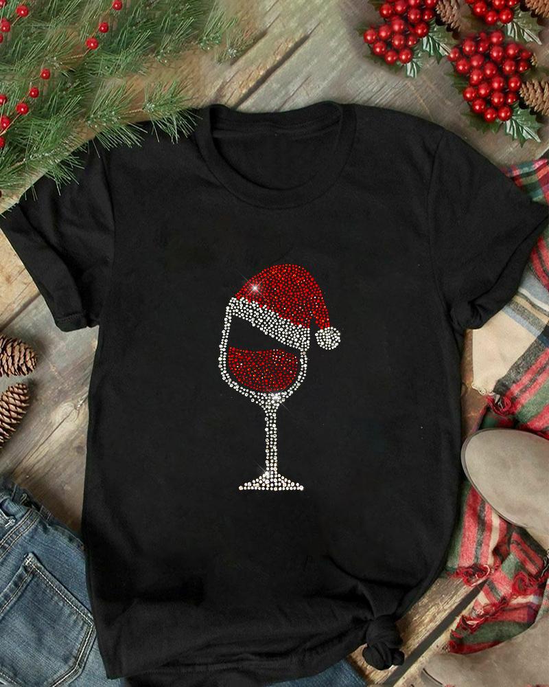 Buy Christmas Hat Wine Glass Print Short Sleeve T-shirt. Picture