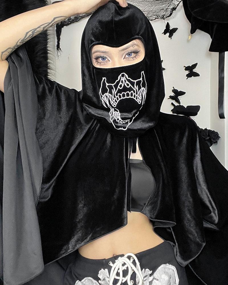 

Halloween Velvet Wings Pattern Hooded Witch Costume Cape, Black