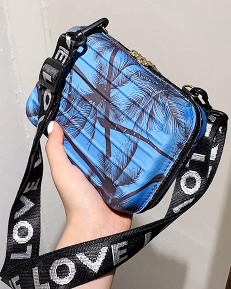 

Coconut Tree print Zipper Detail Square Shoulder Bag, Blue
