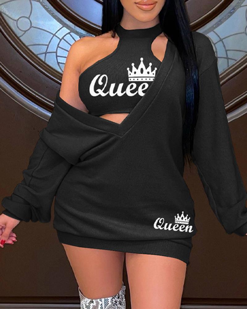 

Letter Crown Print Sweatshirt Dress With Crop Tank Top, Black