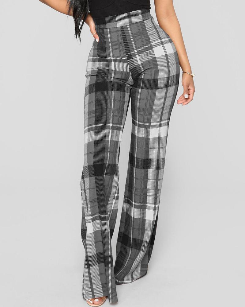 

Wide Leg Plaid Print High Waist Pants, Gray