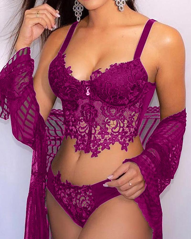 

Crochet Lace Bra Top & Panties Set, Purple