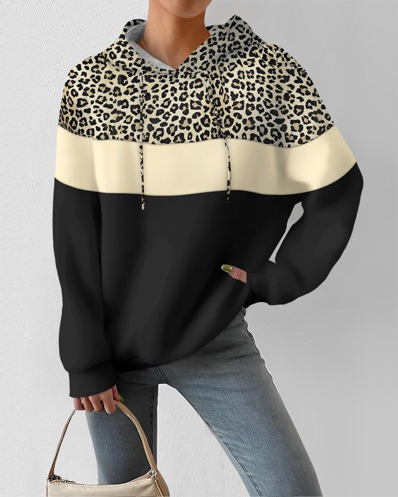 

Leopard Print Colorblock Casual Hoodie, Black