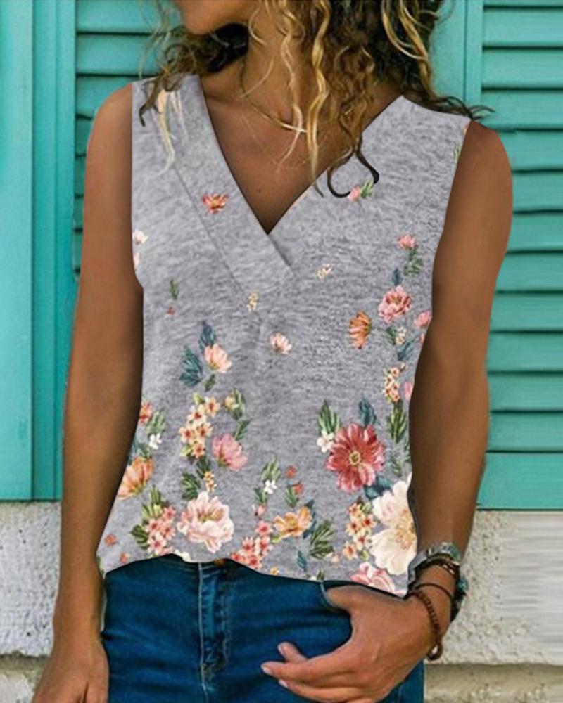 

Floral Print Sleeveless Tank, Gray