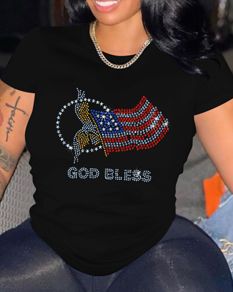 

Independence Day Rhinestone Flag Pattern Casual T-shirt, Black