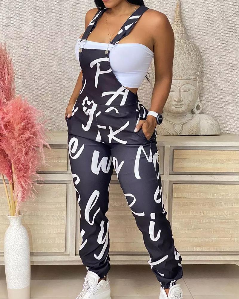 

Letter Print Pocket Design Pinafore Jumpsuit, Black