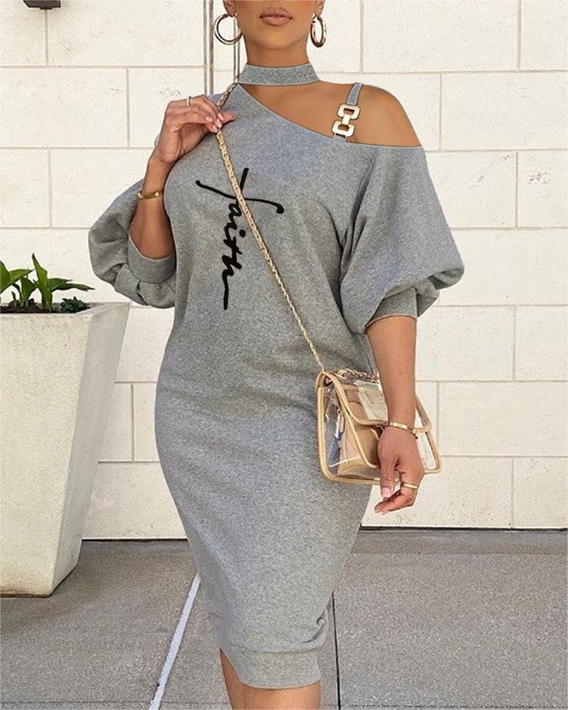 

Letter Print Cold Shoulder Casual Dress, Gray