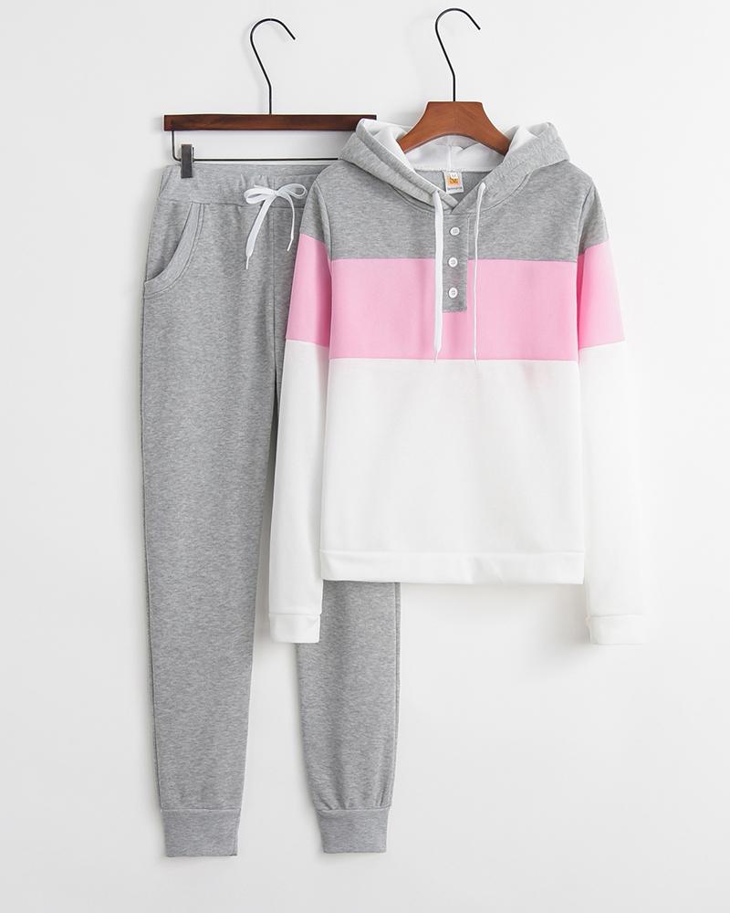 

Colorblock Hooded Top & Drawstring Pants Set, Gray