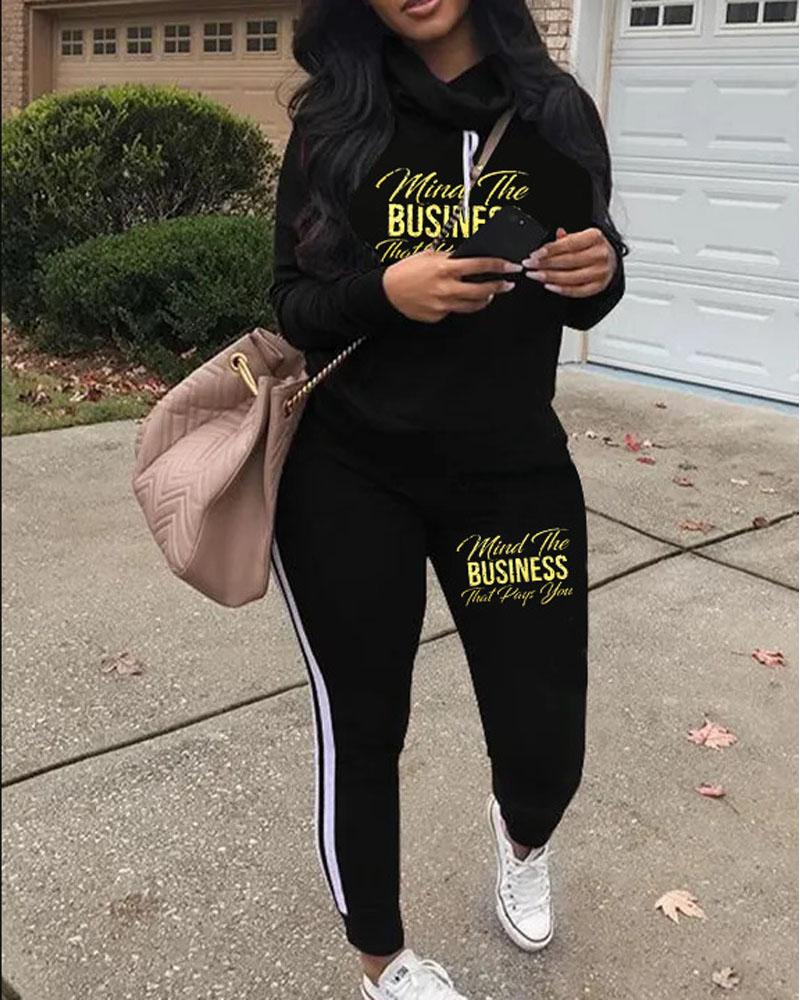 

Plus Size Letter Print Long Sleeve Casual Top & Pants Set, Black