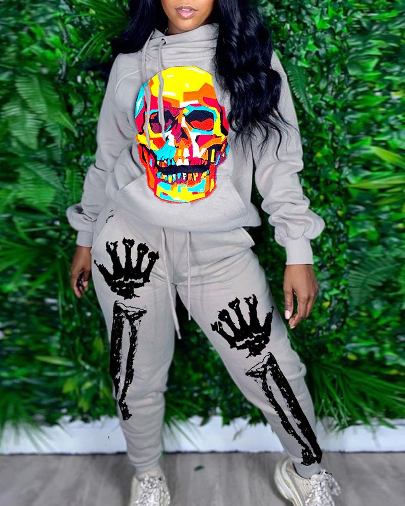 

Halloween Skull Print Hooded Top & Drawstring Pants Set, Gray