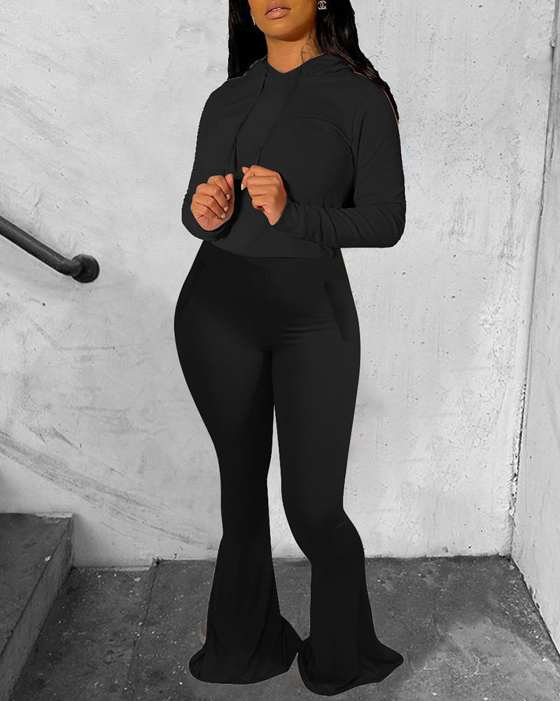 

Hooded Top & High Waist Bootcut Pants Set, Black
