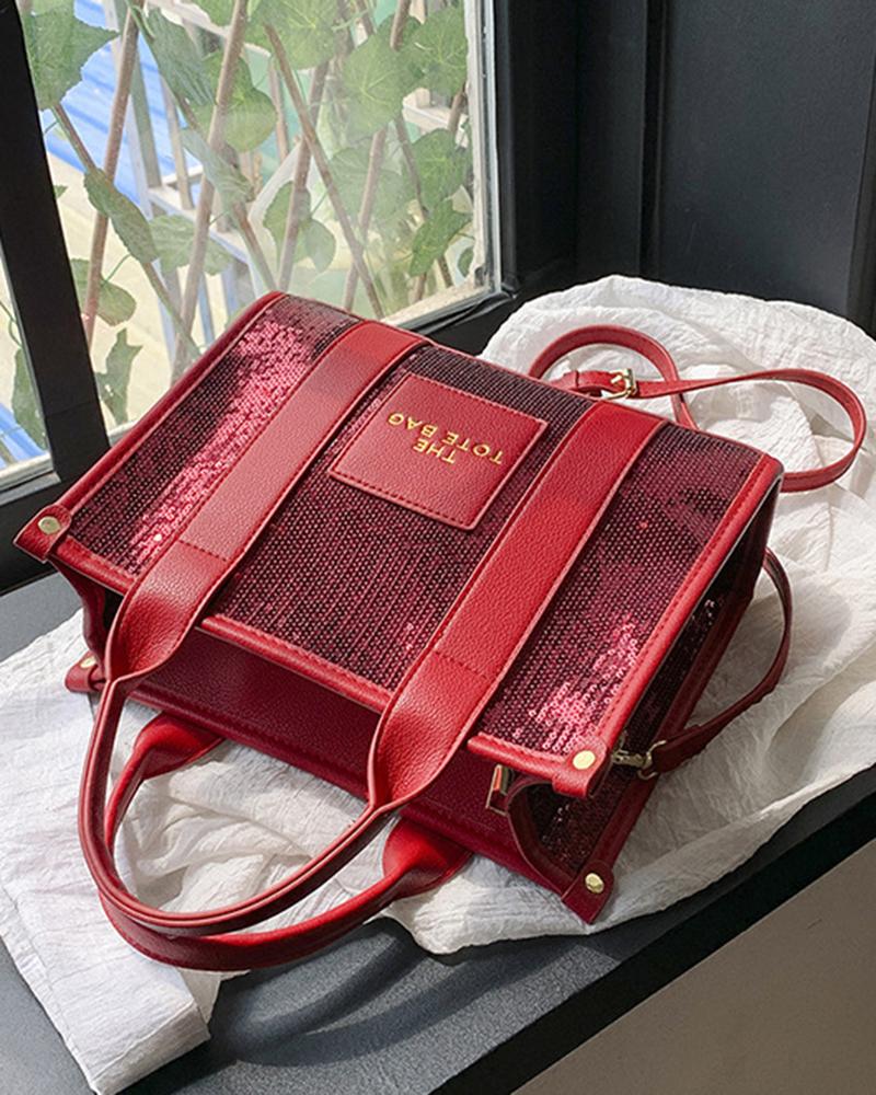 

Trendy Large Capacity Sequin Top Handle Tote Bag, Red