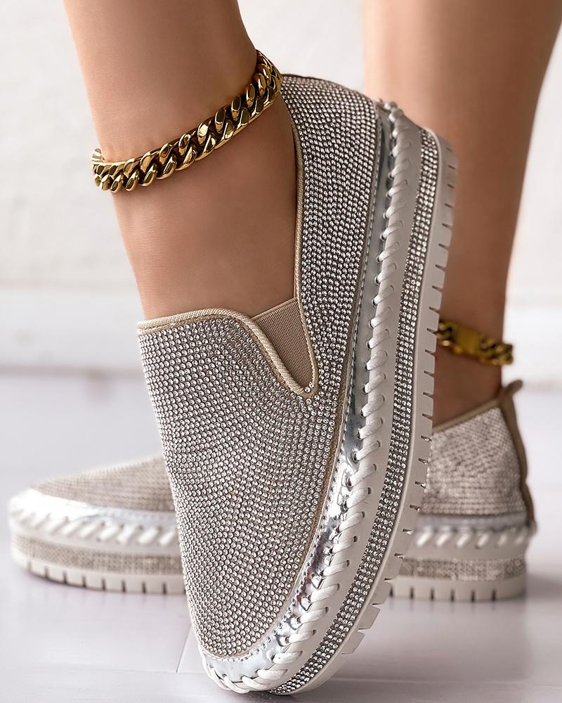 Allover Rhinestone Contrast Binding Slip-On Sneakers