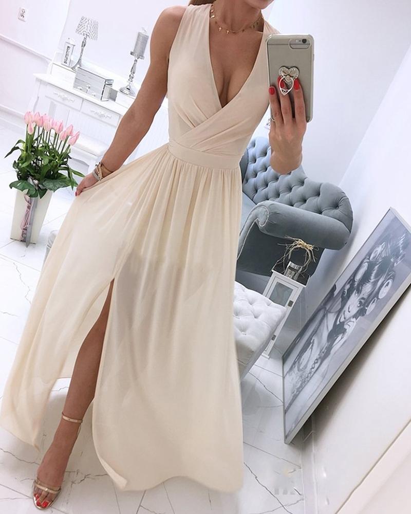 

High Slit Plunge Sleeveless Evening Dresses, Apricot
