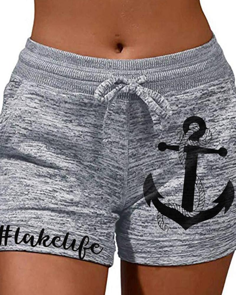 

Boat Anchor Letter Print Drawstring Active Shorts, Gray
