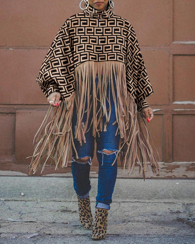 

Geo Print Fringe Trim Lantern Sleeve Top, Khaki