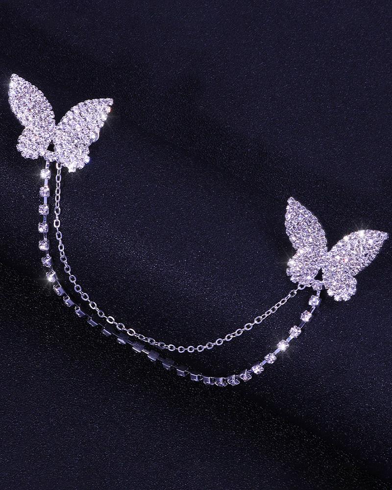 

1Pair Rhinestone Butterfly Pattern Ear Clip, Silver