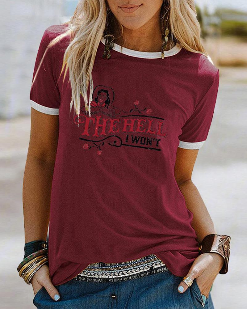 

Letter Figure Print Contrast Binding Casual T-shirt, Wine red