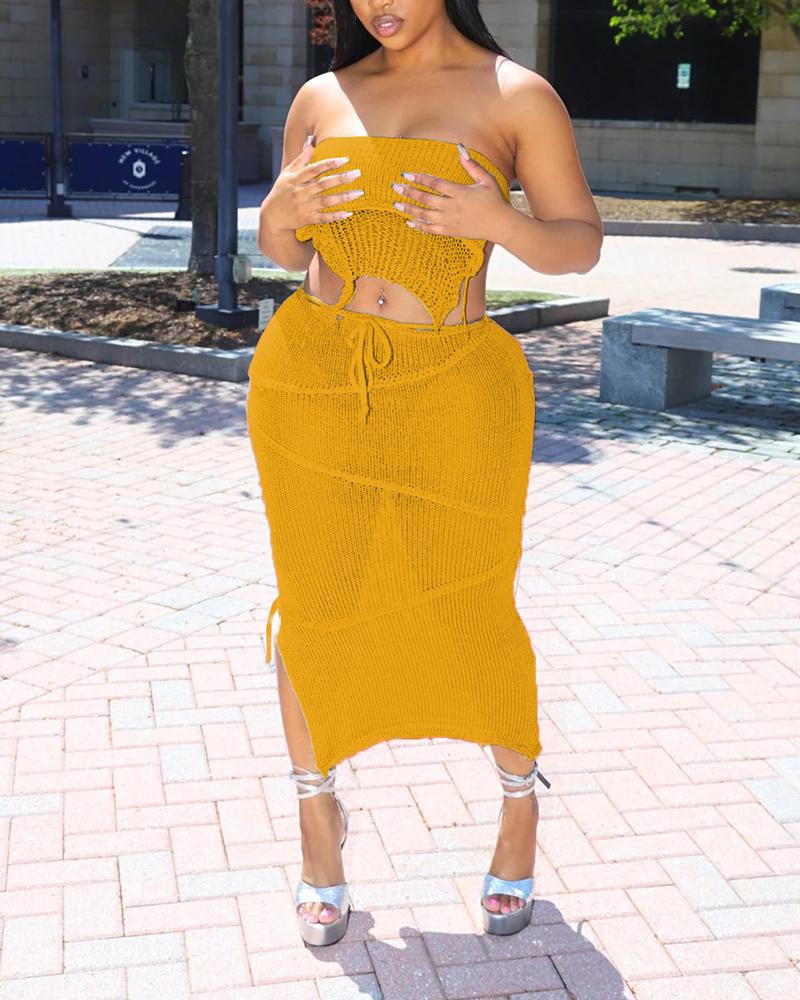 

Hollow Out Backless Crop Top & Slit Skirt Set, Yellow