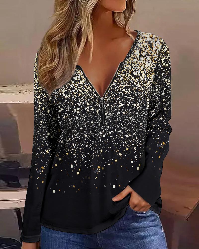 

Glitter Print Zip Front Long Sleeve Top, Black