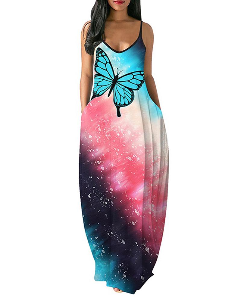 

Butterfly Tie Dye Print Spaghetti Strap Casual Dress, Purple