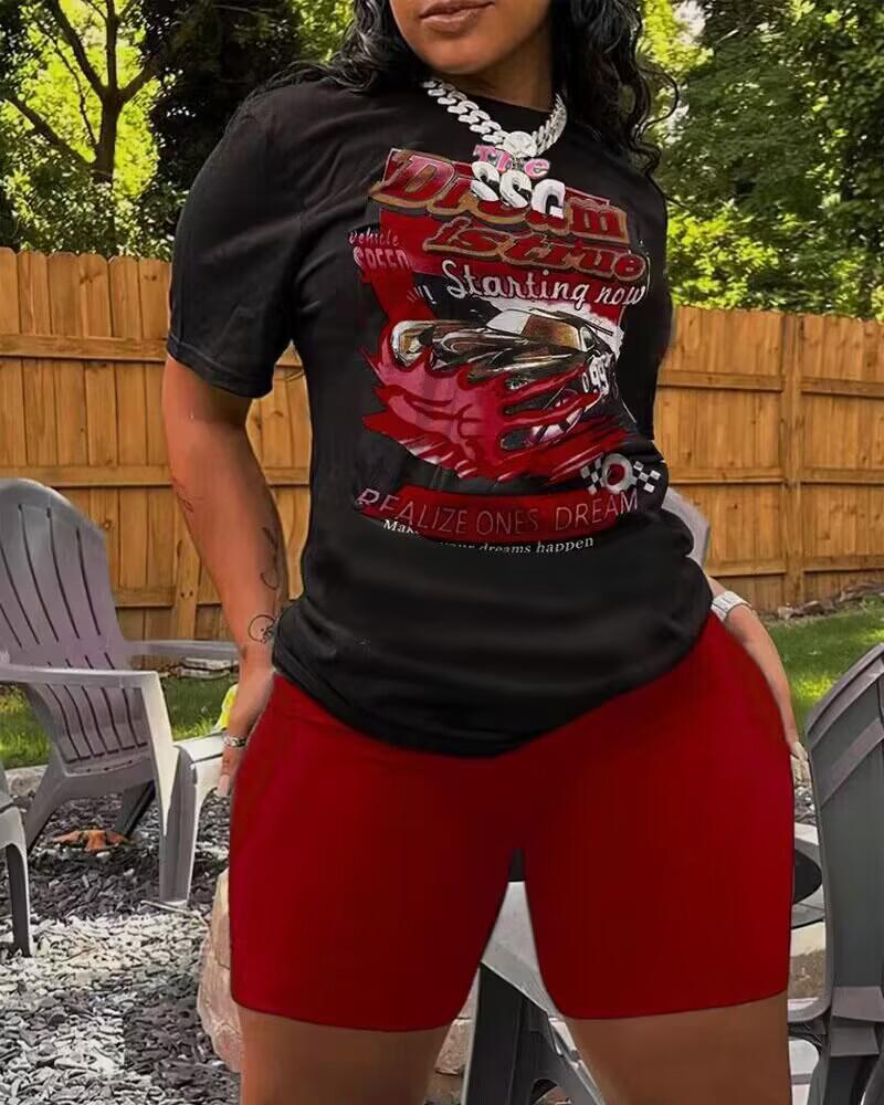 

Plus Size The Dream Is True Graphic Print Casual Top & Shorts Set, Wine red