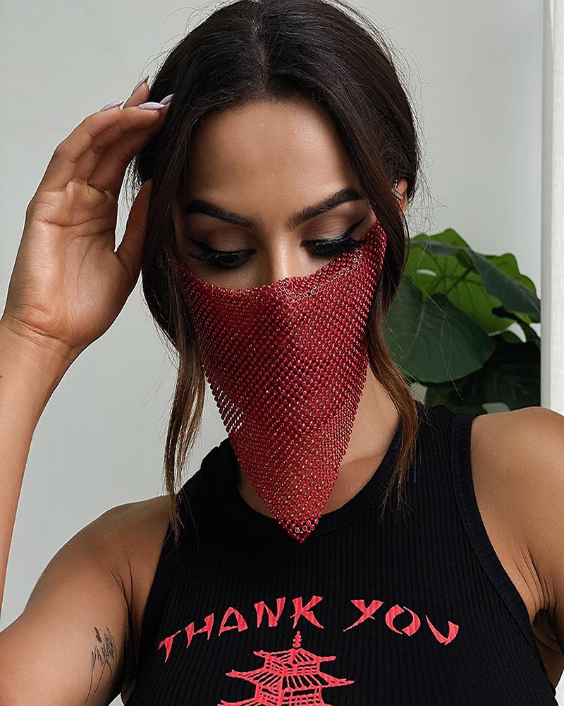 

Bling Rhinestone Face Covering Chain Metal Face Bandana, Red