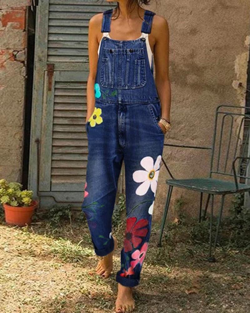 

Floral Print Pocket Detail Denim Overalls, Dark blue