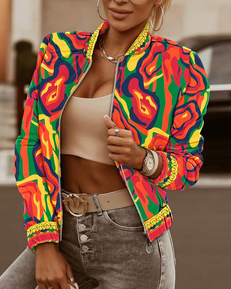 

Multi-Color Abstract Print Zipper Fly Jacket, Multicolor