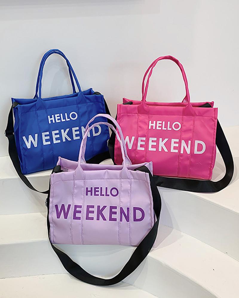 

Hello Weekend Letter Print Large Capacity Tote Bag, Hot pink