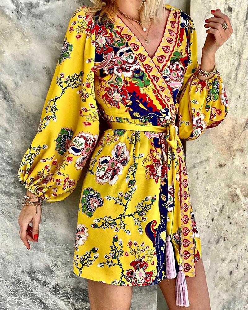 

Floral Print Surplice Neck Belted Dress, Yellow