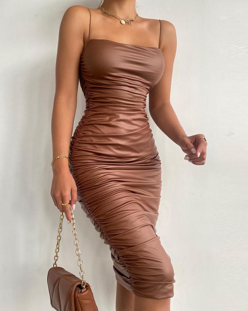 

Spaghetti Strap Ruched PU Leather Bodycon Dress, Brown