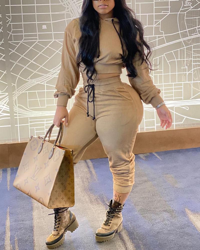 

Long Sleeve Casual Hoodie & Drawstring Pants Set, Khaki