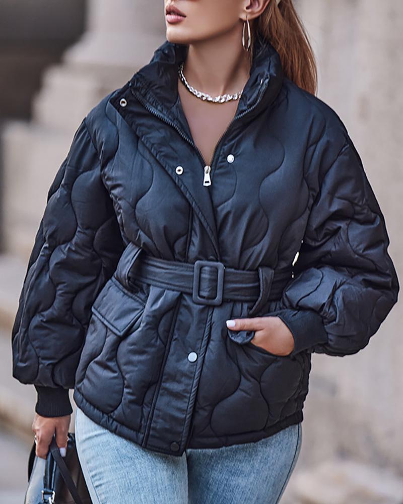 

High Neck Quilted Puffer Coat With Belt, Black