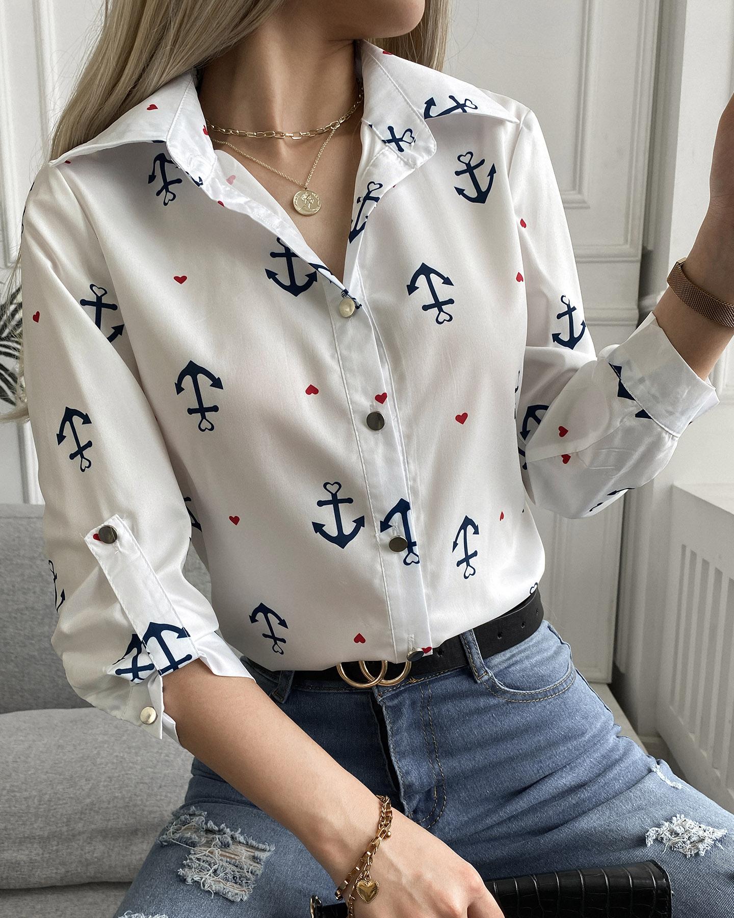 

Boat Anchor Print Button Front Casual Shirt, White