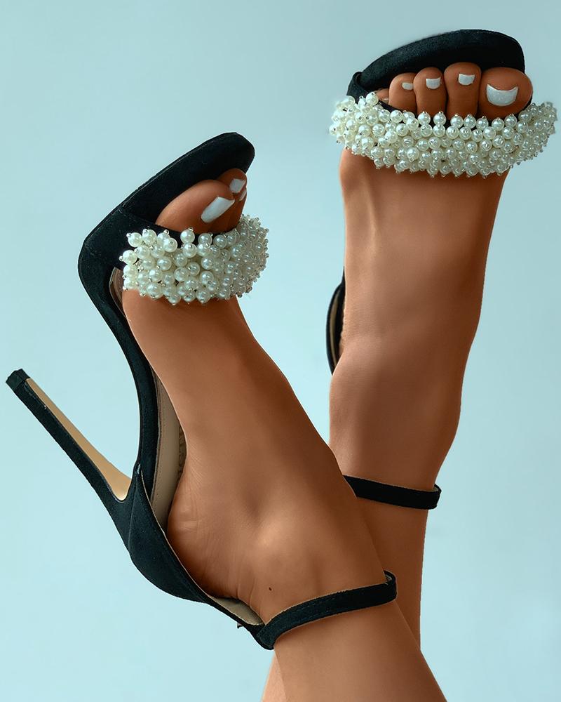 

Beaded Decor Suede Peep Toe Stiletto Heels, Black
