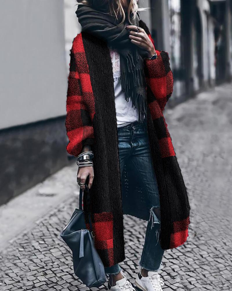 

Plaid Print Open Front Longline Teddy Coat, Red