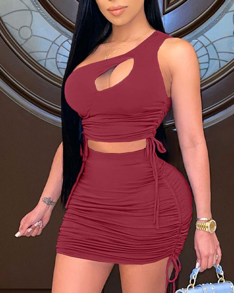 

One Shoulder Cutout Drawstring Ruched Crop Top & Skirt Set, Wine red