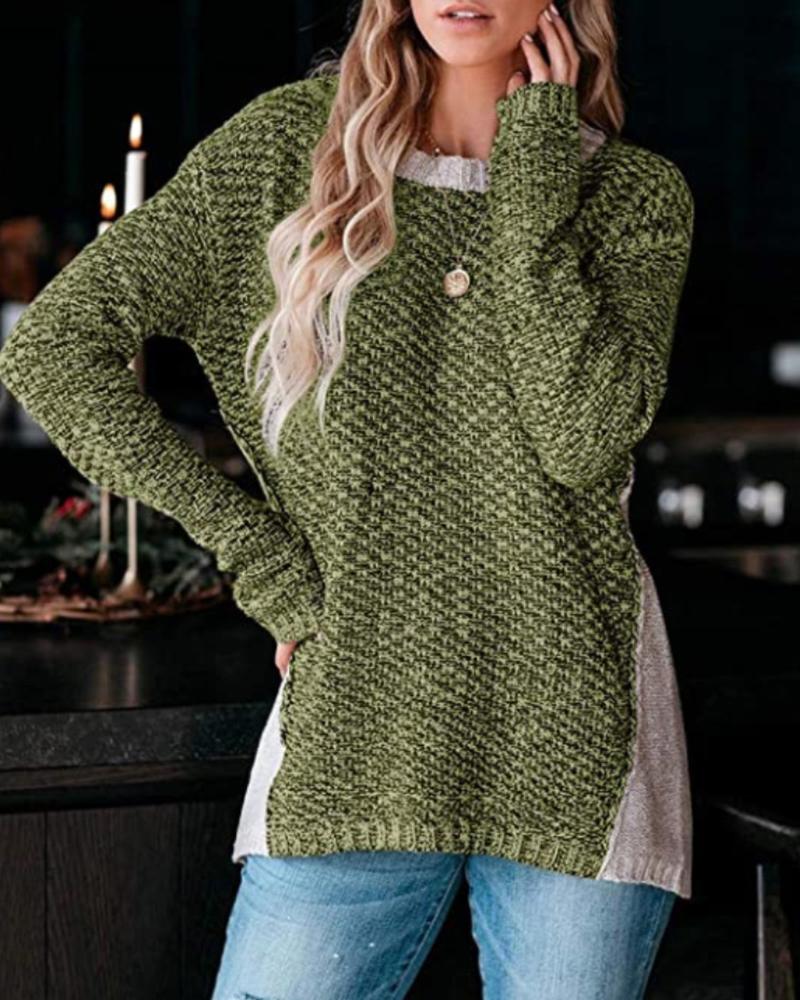 

Colorblock Long Sleeve Knit Casual Sweater, Green