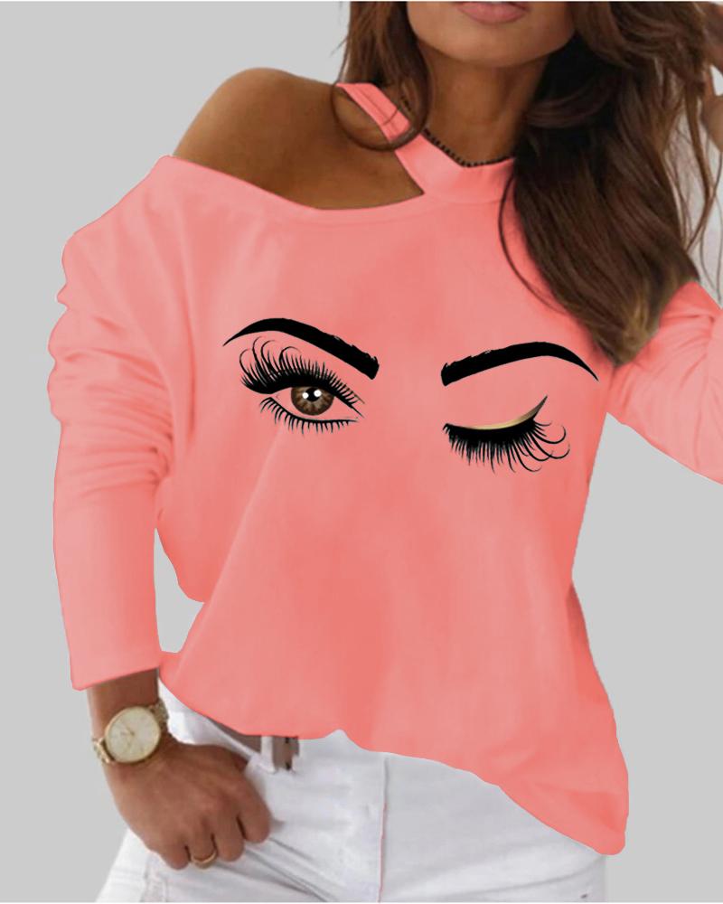 

Eye Print Cold Shoulder Long Sleeve Top, Pink